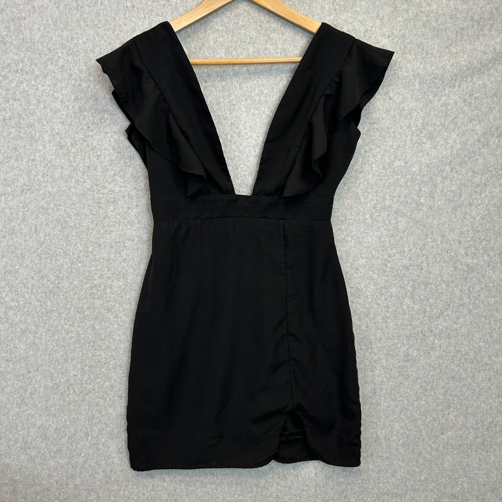 superdown Small Mini Dress Black Deep VNeck Ruffle Sleeve Bodycon Sexy Club Date